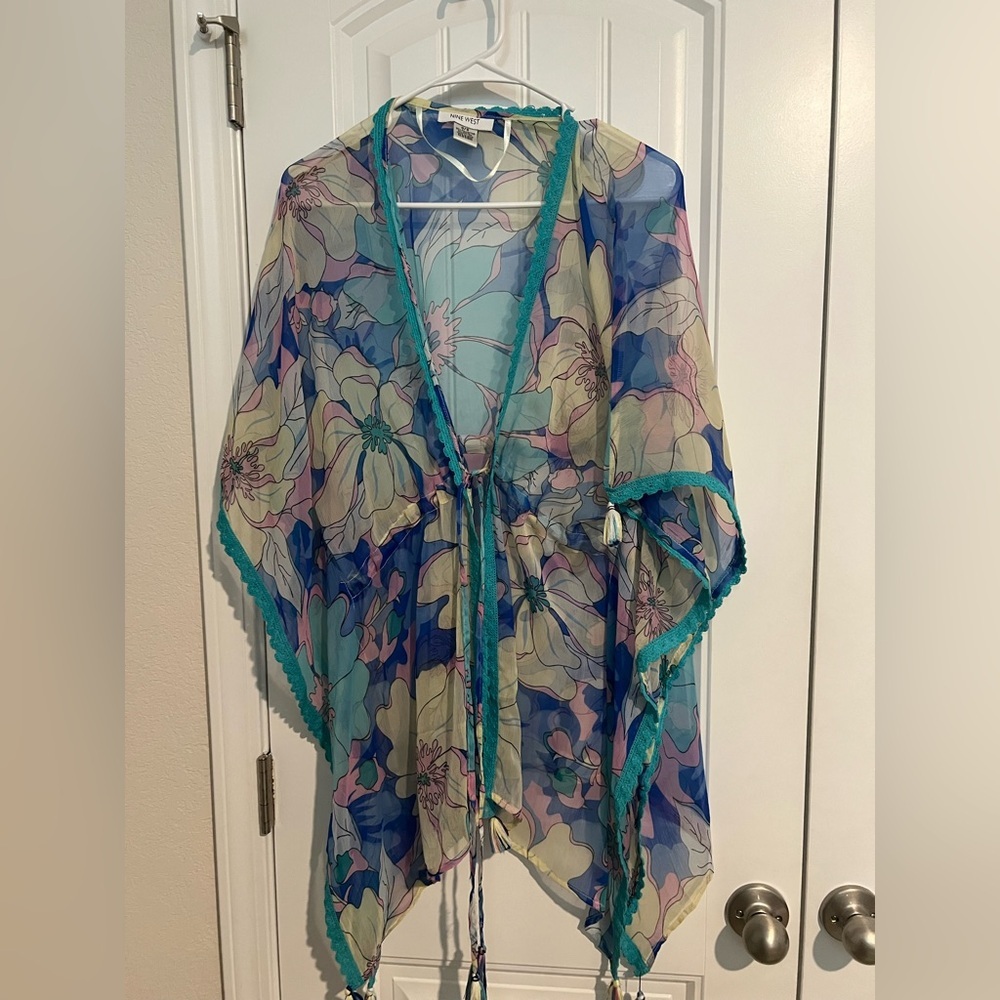 Nine West Floral Sheer Kimono with Teal Trim Swim Cover Up - Picture 3 of 7